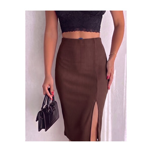 Women's Ribbed Elastic Waist Pencil <b>Skirt</b> 65 Cm Length With Front Slit For Office Wear - Product Image 3