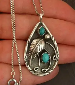 2023 Ethnic Boho Minimalist Turquoise Leaf Pendant Necklace Silver Sweater Vintage Feather Necklace