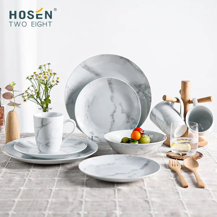 Set di piatti in ceramica all'ingrosso popolari set di stoviglie set da pranzo in porcellana di ceramica di Design moderno in marmo europeo