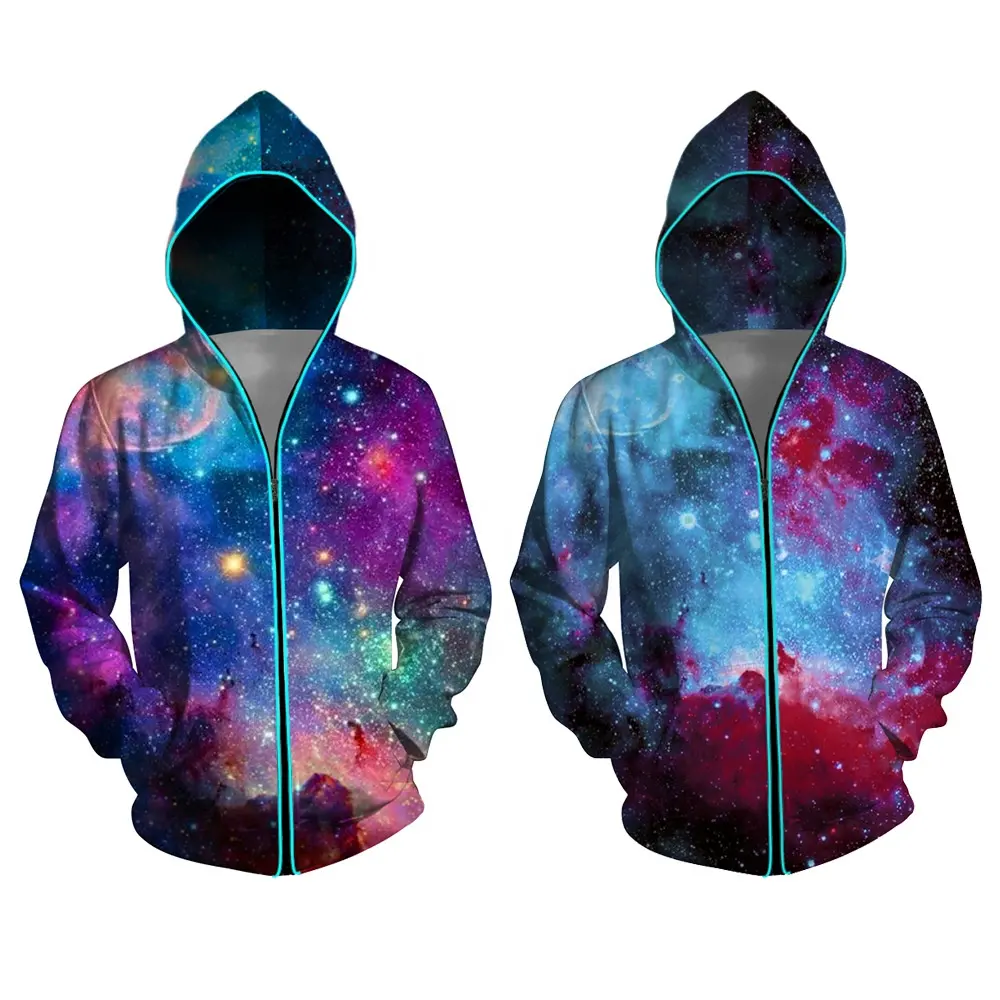 Streetwear Hipster 3D Starry Sky Digital Printing LED Photoelectric With Switch Zipper Loose Reflective Hoodies Men