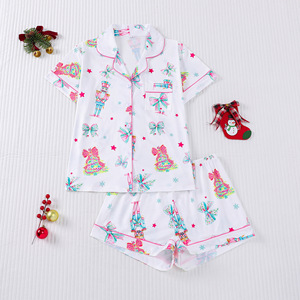 Pigiama da <span class=keywords><strong>Donna</strong></span> Quattro Stagioni con Colletto a Risvolto, Maniche Corte e Pantaloncini, Stampa Natalizia, Motivo Personalizzabile, Set per Uso Esterno e Domestico - Product Image 4