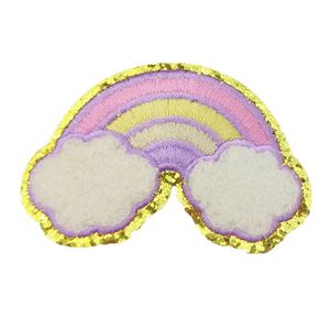 Patchs thermocollants/auto-adhésifs brodés, exquis, avec bordure dorée scintillante, couleur macaron, nuage arc-en-ciel, pour la décoration de vêtements et de sacs - Product Image 5