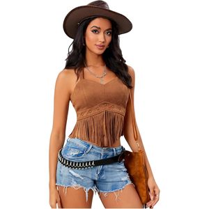 Women's <b>Fringe</b> Western Halter Crop <b>Top</b> Party Wear Woven PU Leather Bodycon Sleeveless Cowgirl Style No Chest Pad - Product Image 1