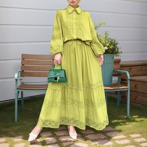 Middle East Muslim Women's Lace Splicing <b>Bubble</b> Sleeve <b>Top</b> Hem Hem Skirt 2 Piece Set Fashion - Product Image 5