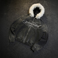 Sweat à capuche zippé surdimensionné pour homme, style streetwear Y2K, avec logo personnalisé, effet délavé vintage, capuche en fausse fourrure, imprimé lettres, 100% coton