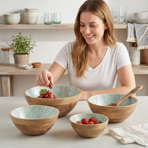 Bol à salade de fruits en bois imprimé, différentes tailles, pour les fêtes, la salle à manger, la cuisine, collection artisanale, passe au lave-vaisselle - Product Image 1