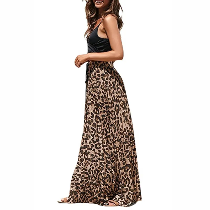 Women Leopard Print Floral Pleated Skirts Vintage Drawstring Elastic Waist Bohemian Casual Korean A Line flower long skirt