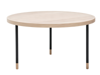 Table basse de style nordique sur mesure, grand plateau rond en bois de frêne clair, quatre supports en métal noir, pour chambre d'hôtes de villa, avec éclairage intégré.