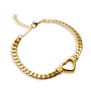 Women's Gold Plated Stainless Steel Punk Fashion Jewelry <b>Set</b> Heart-Shaped Cuban Chain Flat Snake Chain Necklace and <b>Bracelet</b> - Product Image 5