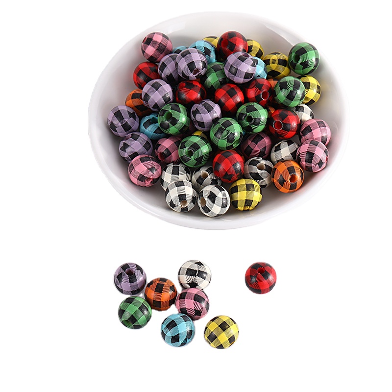 16mm printed wood beads Amazon children grid scattered diy accessories black box round beads tassel string