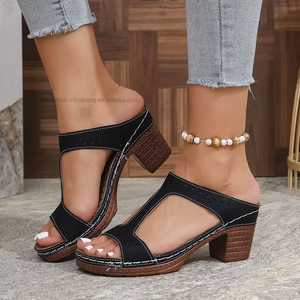 European American High-heeled Slippers New <b>Style</b> Outer Wear Large Size Hollow Thick Heel One-line Sals for Women Wholesale - Product Image 6