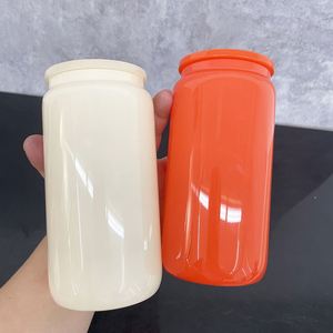 Custom logo Autumn Winter Solid Color 16oz Cream Colored Glass Can With <b>Plastic</b> Lid for Vinyl - Product Image 3