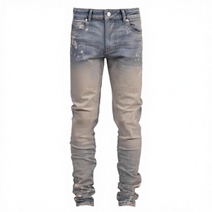 <span class=keywords><strong>Jeans</strong></span> en denim pour hommes en gros, coupe slim, déchirés, style streetwear, délavés, avec broderie au genou, décontractés - Product Image 2