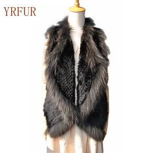 YR053 Asymmetric Design Hand knitted Genuine rabbit Fur and Raccoon dog Fur Vest