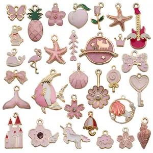 Colgante de esmalte rosa y blanco para mujer, colgante con forma de zorro, gato, estrella, huevo, chapado en oro, unicornio, sirena, Animal, Luna, Diy