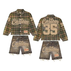 Completo da Uomo YYSY Streetwear: <span class=keywords><strong>Camicia</strong></span> a Maniche Lunghe con Strass e <span class=keywords><strong>Jeans</strong></span> Corti a Quadri in Cotone - Set Due Pezzi - Product Image 2