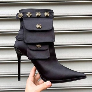 Bottines à talons hauts pour femmes, grande taille 44, bout pointu, en soie lisse, talon aiguille, chaussures habillées, avec boutons métalliques et poches courtes - Product Image 6