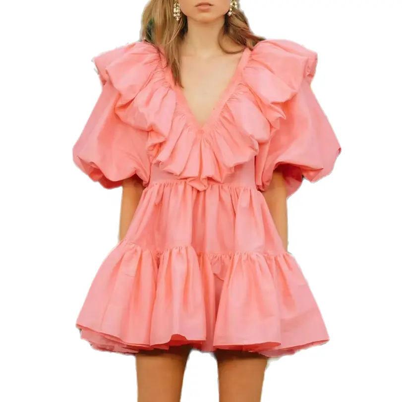 Женское атласное мини-платье Sommer Kleider Shein с рукавами-пузырями и V-образным вырезом