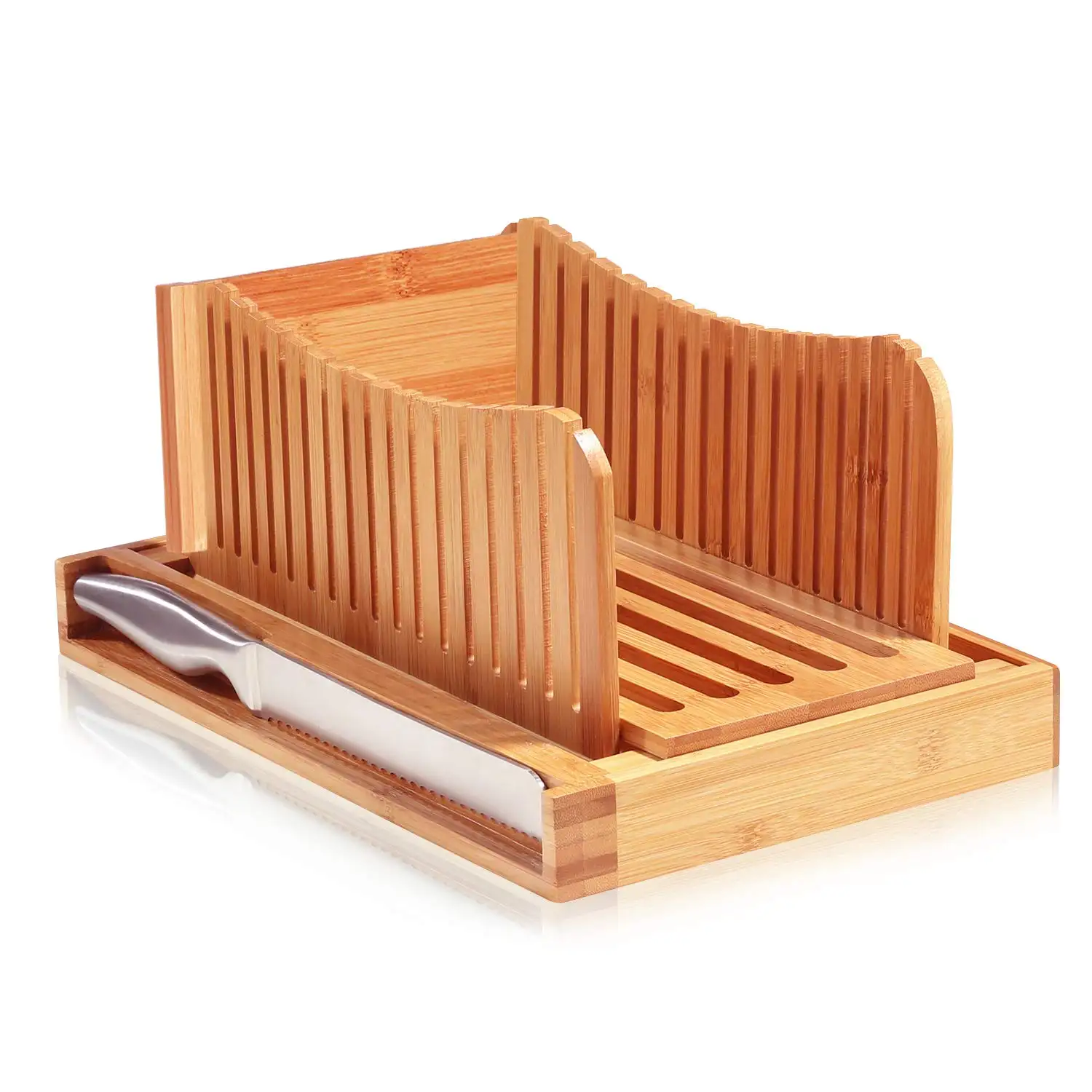 Papan roti kayu bambu kustom dengan Set pisau baja tahan karat dan baki remah pengiris roti papan pemotong roti