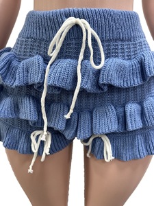 New Summer <strong>Crochet</strong> Knitted <strong>Two</strong> <strong>Pieces</strong> Short <strong>Set</strong> With Knit Halter Top and Ruffled Knit Shorts - Product Image 6