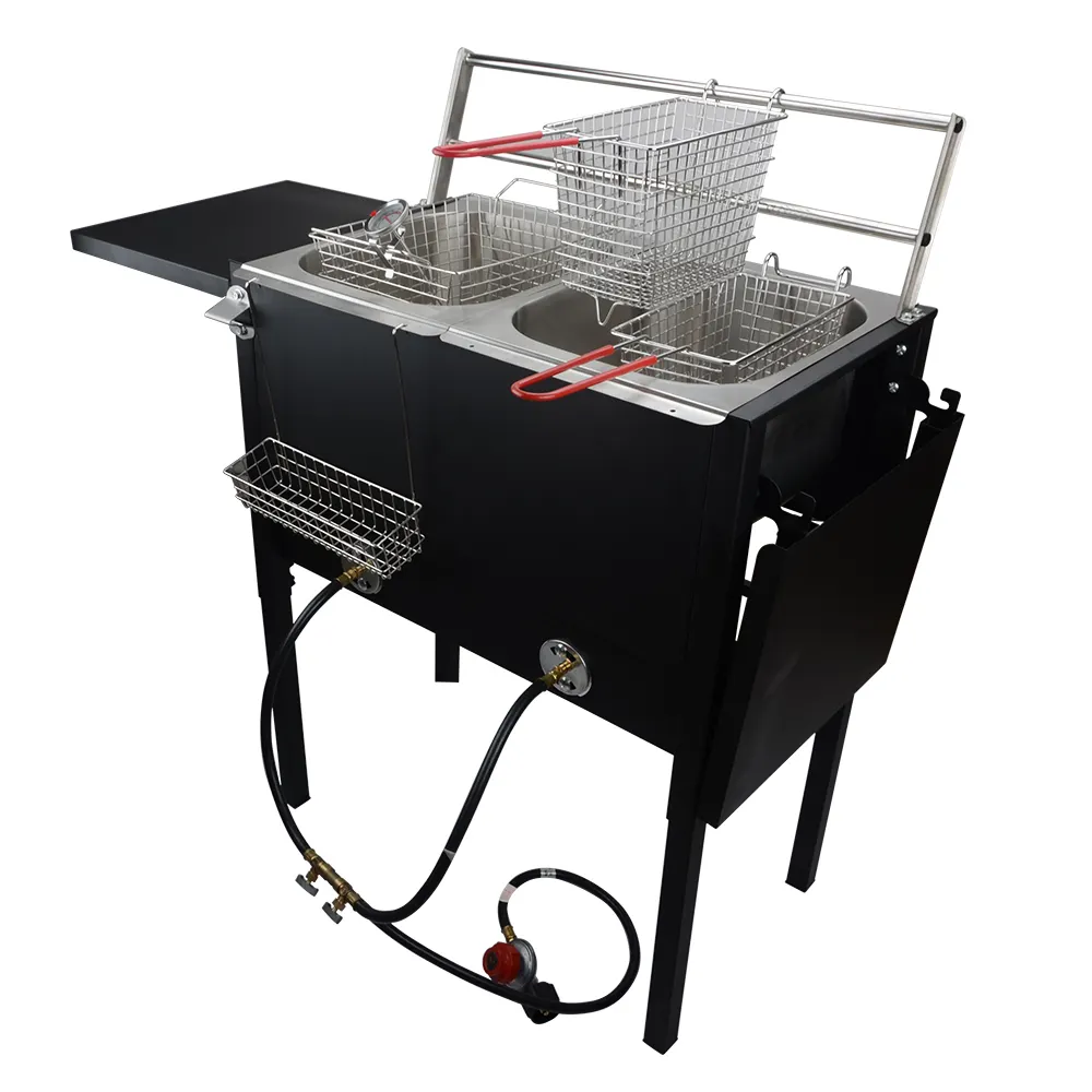 Commercial Cast Iron High Pressure Double Propane Gas Burner Deep Fryer With Two Foldable Side Shelves For Outdoor