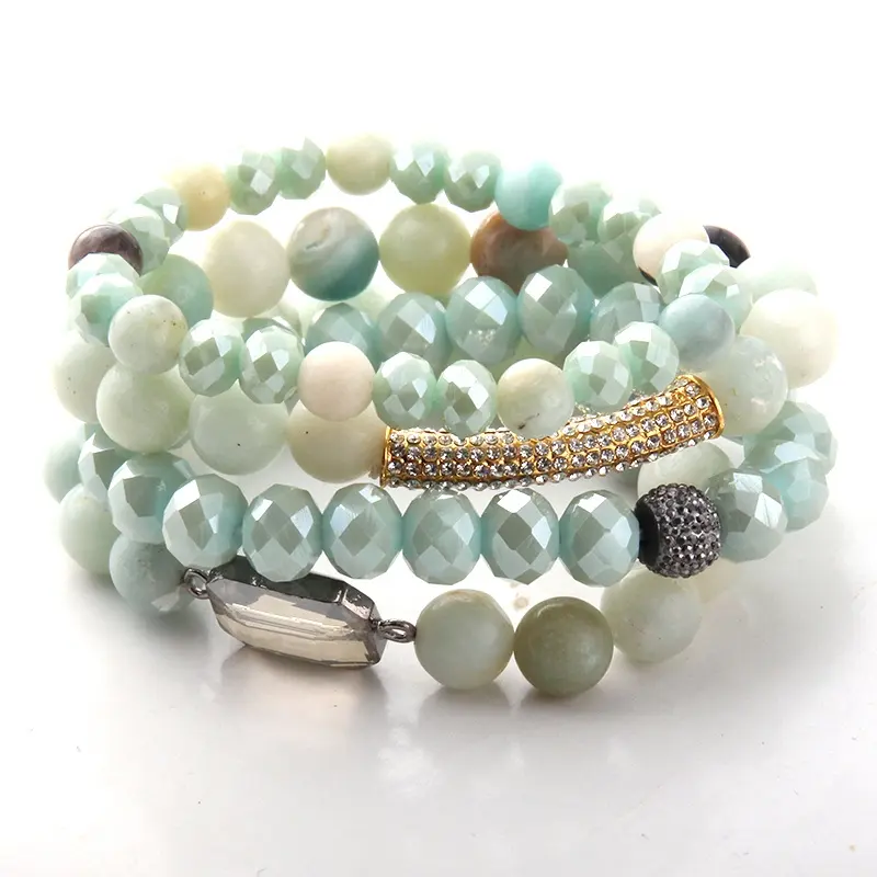 Beautiful Crystal Glass Beads Bracelet Set Gold Rhinestone pipe 4 piece Natural Amazonite Stack Bracelet Sets