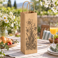 Sac cadeau en papier kraft pour bouteille de vin avec poignées torsadées, imprimé motif bouquet de jonquilles - Brun naturel