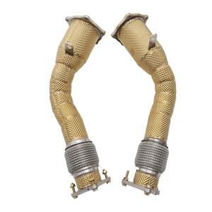 Downpipe di Scarico Dritto SD per Porsche Cayenne 957 Turbo / Turbo <span class=keywords><strong>S</strong></span> 4.8T V8 2007-2010 <span class=keywords><strong>Performance</strong></span> T304 con Scudo Termico Dorato - Product Image 1