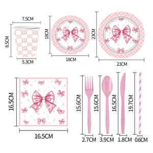 Il moderno vassoio di <span class=keywords><strong>carta</strong></span> usa e getta con fiocco rosa per feste di compleanno include tovaglioli di posate rotonde e tazze di Kit di decorazione per feste - Product Image 3