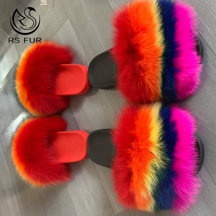 Autumn And Winter Slippers Red Fox Fur Shoes Home Fur Slides Sandals For Women