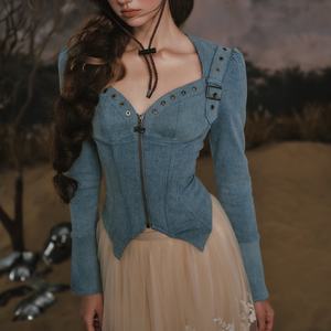 Camisa vaquera corta con cremallera para mujer, de manga larga, cuello suave, lavado claro, personalizada OEM - Product Image 1