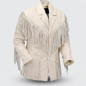 <b>Men</b>’s Traditional Western style Cream Leather <b>Jacket</b> Cowboy Leather <b>Jacket</b> With Fringes And Beads - Product Image 1