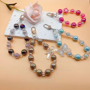 Trendy Candy Color Bow Love Flower Beads Pearl Acrylic Color Plating Girls Strap Cellphone Case Mobile Phone Chain Keychain