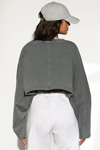 New Arrival 2026 Ladies Acid Wash Crop Sweatshirt Loose Long Sleeve Casual Solid Color Crew Neck Tops - Product Image 3