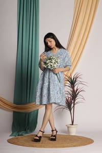 Élégant été dames 100% coton robe à manches longues à volants à plusieurs niveaux motif floral tailles 6XL naturel Sexy bouton décontracté - Product Image 3