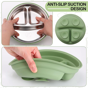 Assiette pour bébé en acier inoxydable de qualité alimentaire avec couvercle en silicone amovible, sangle antidérapante et ventouses pour l'alimentation du bébé - Product Image 3