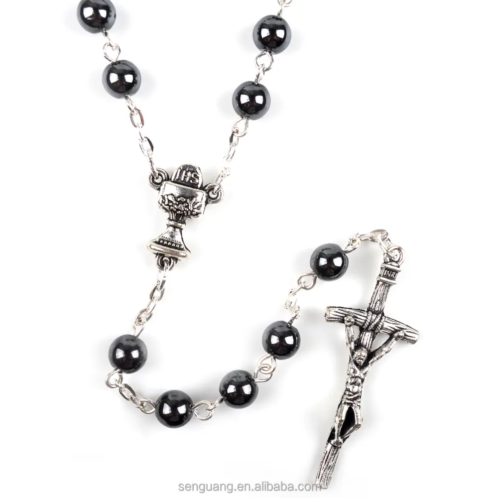 Hematite Rosary Natural Stone Beads St Benedict Medals Rosary Black Men Stainless steel Catholic Rosaries