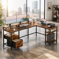 Bureau d'ordinateur en forme de L de 66 pouces, design réversible, tiroir à dossiers, support pour 2 moniteurs, étagères de rangement, table d'ordinateur d'angle