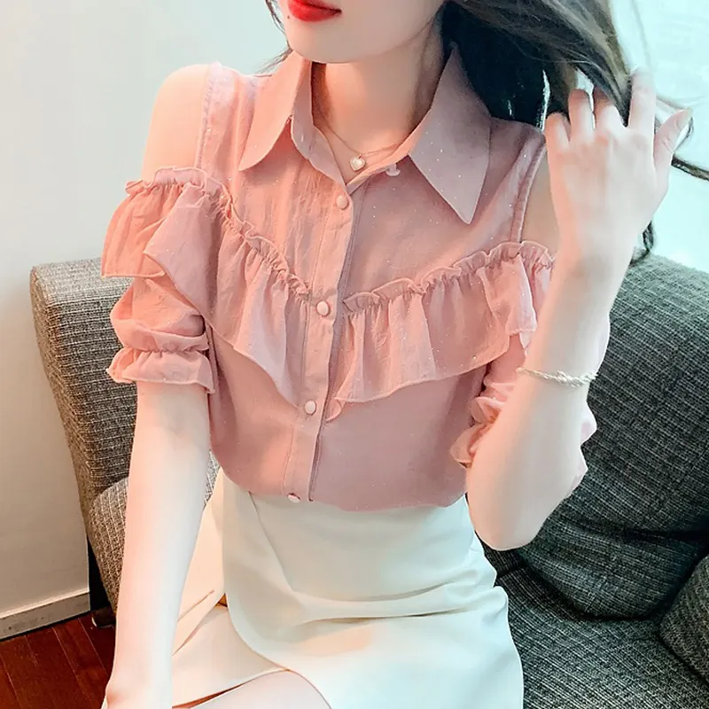 New Style Women Chiffon Summer Off Shoulder Puff Short Sleeve Button Lace Ruffles Shirts Blouse Sweet Tops T-shirt Girls Shirt