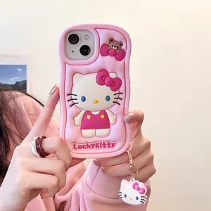 Casing ponsel kartun kucing kitty merah muda, casing penutup ponsel silikon untuk iphone 11 12 13 14 pro max