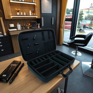 طقم ماكينة حلاقة شعر احترافية للرجال بشفرة على شكل حرف T لاسلكية مع تصميم شعار مخصص، وحقيبة تخزين كلاسيكية بسيطة من قماش أكسفورد بسحاب للاستخدام اليومي - Product Image 1