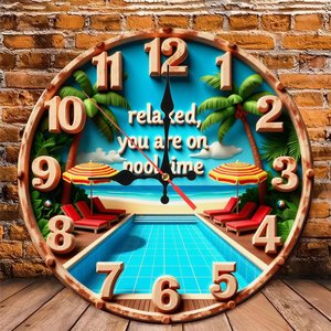 Horloge murale ronde en bois 25x25 cm, silencieuse, sans tic-tac, décoration intérieure, installation facile, design Pool Time - Product Image 4