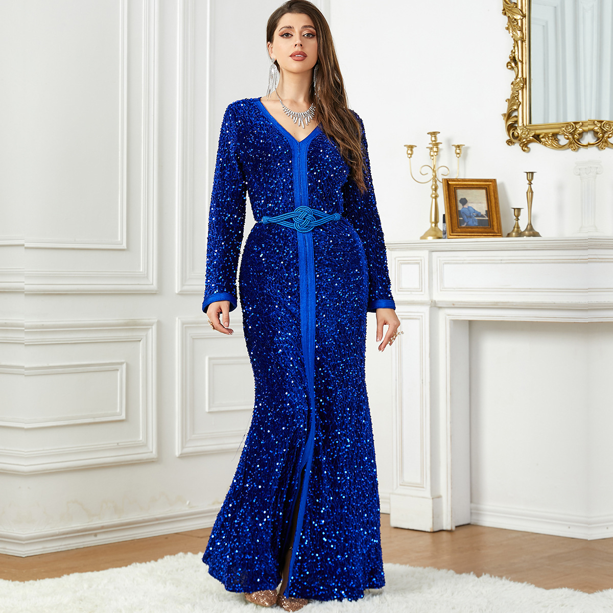 long sequin dress islamic 2026 Dubai Long Sleeves Evening Dresses Burgundy High Collar Muslim Women  Formal Gowns Party Wear Royal Blue Sequins Glitter Prom Dress Islamic  Caftan