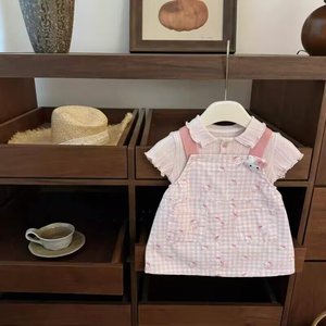Sweet Kitty Pink T-shirt Overall Dress Set For Baby Girls Breathable Summer Outfit - Product Image 1