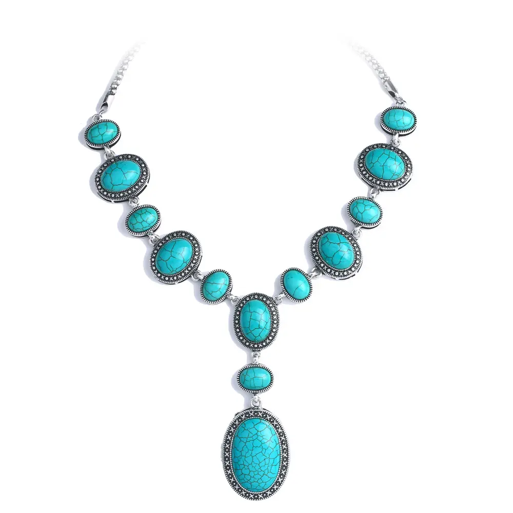 New European and American jewelry female turquoise pendant carved necklace 925 silver fashion luxury jewelry necklace