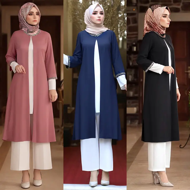 New Arrival Muslim Set Coat And Inner Crew Neck Modest Sets Islamic Clothing 3 Pieces Set Muslim Tunic And Pants