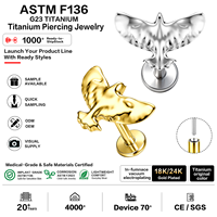 Piercing d'oreille en titane ASTM F136, forme d'aigle, sans filetage, plaqué or 18 carats, qualité implant, pour hélix, tragus, labret