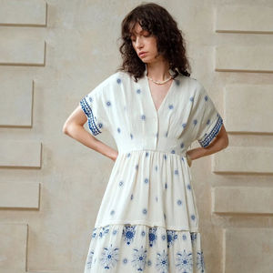 Vestido Maxi Mexicano Más Vendido de Moda 2025, 100% Algodón Tejido, Bordado con Pavo Real Colorido, Estilo Vintage, Vestido Hippie Folclórico - Product Image 1