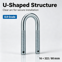 Boulon en U à double tête en acier au carbone de grade 8.8, 16*322/80, métrique, pour fixation de tuyaux de remorque, fixation robuste pour la construction, vente en gros