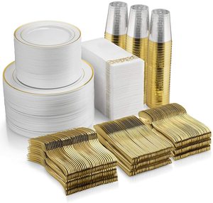700 Piece Gold Dinnerware Set-200 Plastic Plates- 300 Gold Plastic Silverware-100 Gold Plastic Cups-100 Disposable Hand Towel